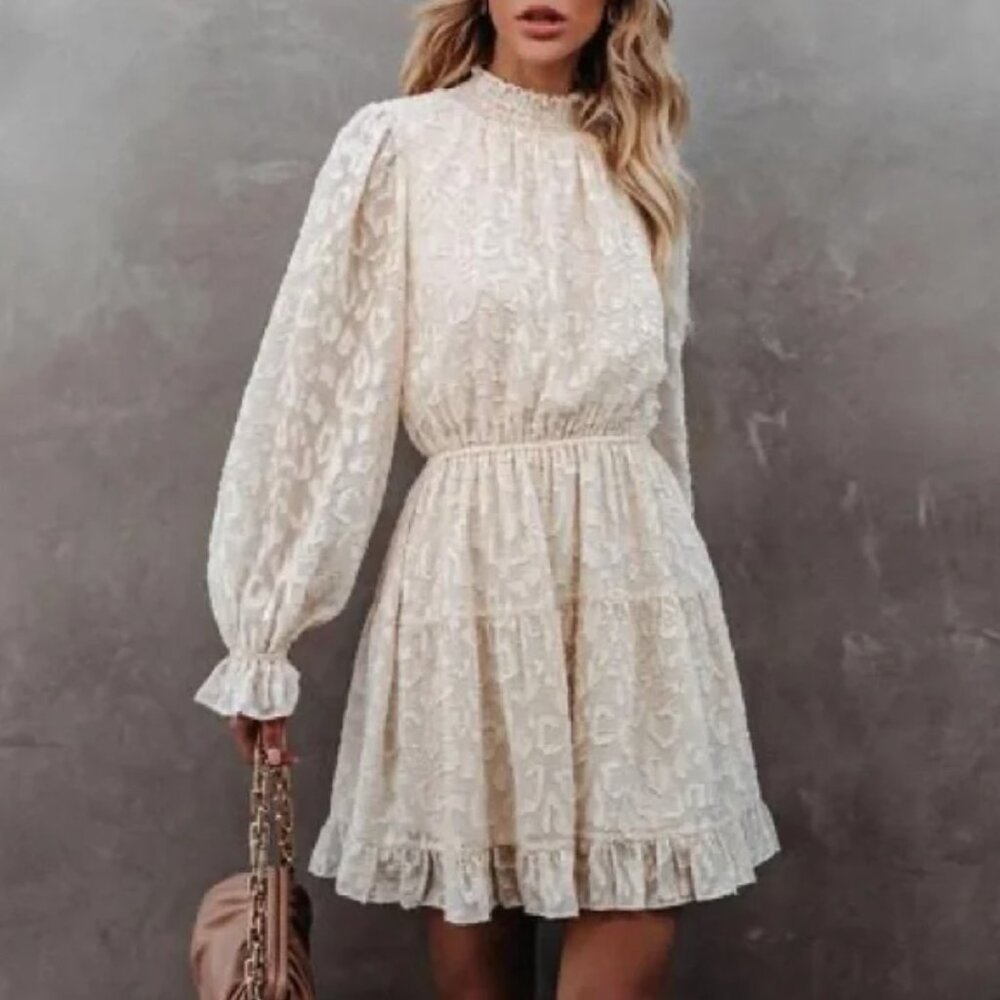 Lush Cream Ruffled Ivory Leopard Tiered Dress Sz L Long Sleeve Mock Neck EUC